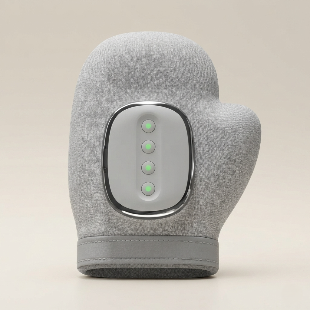 The Well Root hand massager: a grey mitten-shaped device with a brushed metal control plate