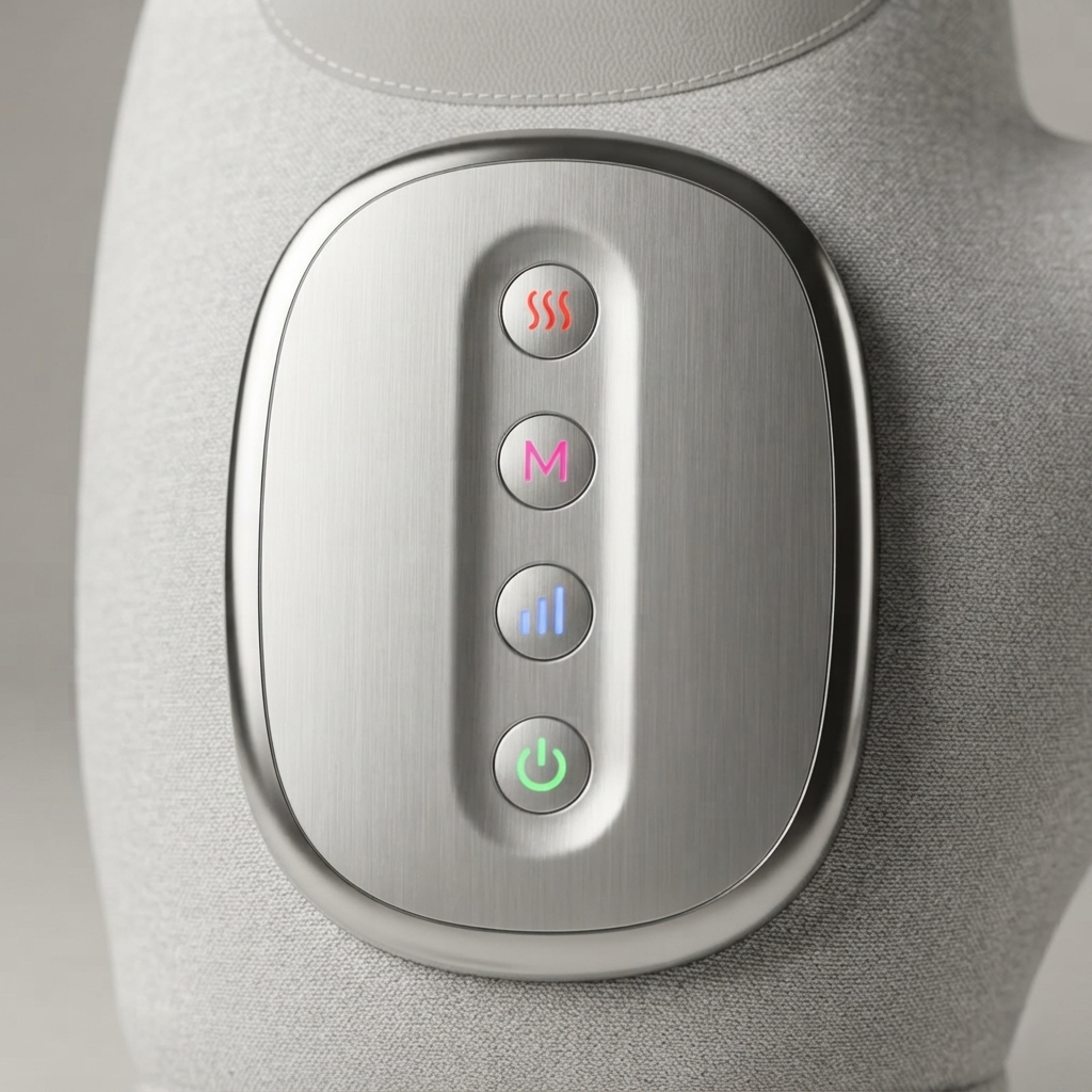 Well Root hand massager control panel close-up showing heat, mode, pressure and power buttons